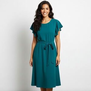 Calvin Klein Womens Dress 6 Teal Flutter Sleeve Belted A-Line Romantic Luxury
